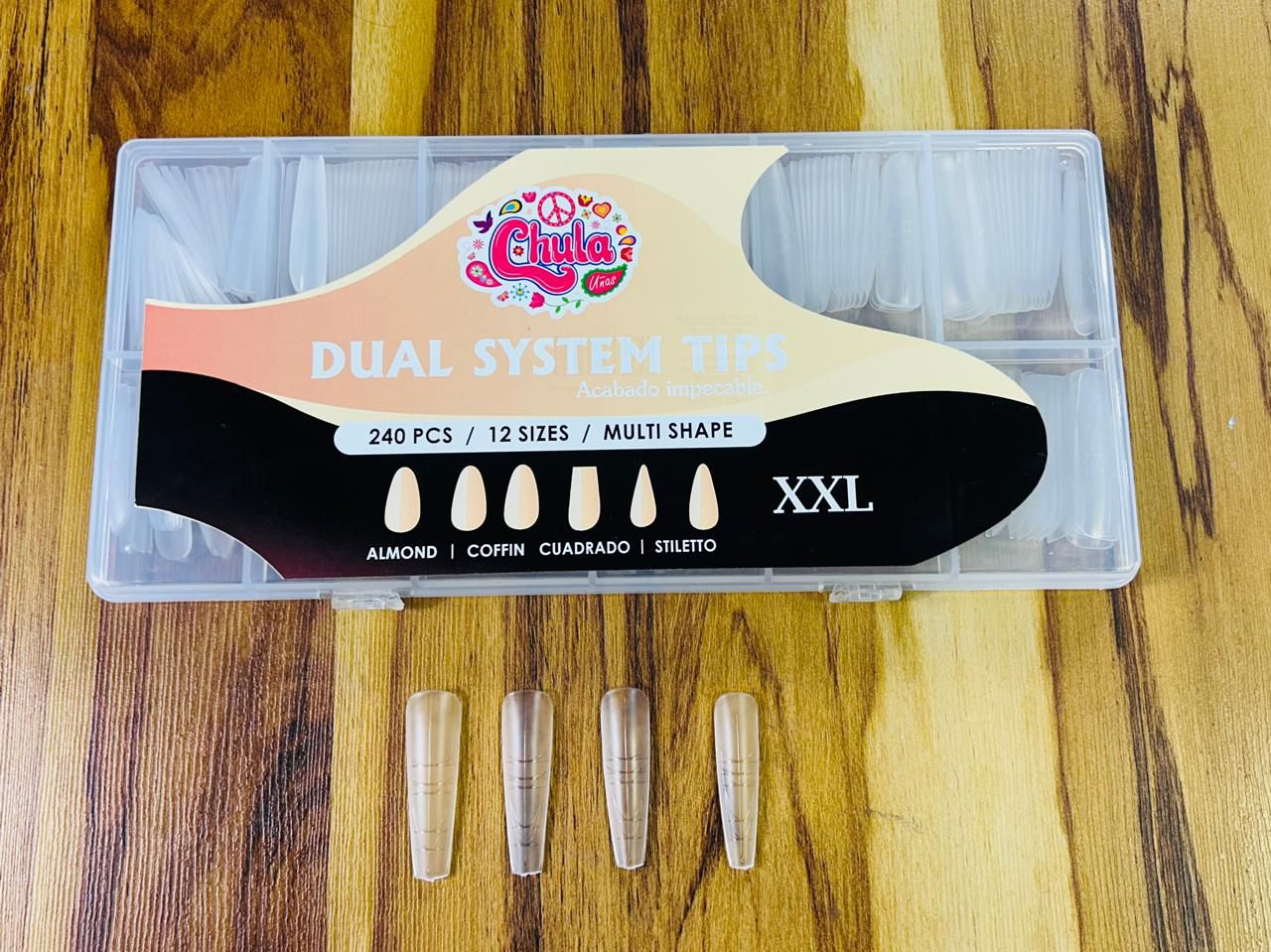 NUEVO CHULITIPS DUAL SYSTEM (ALMOND, COFFIN, CUADRADO, STILETTO) 240 PZAS (CAJA DURA)